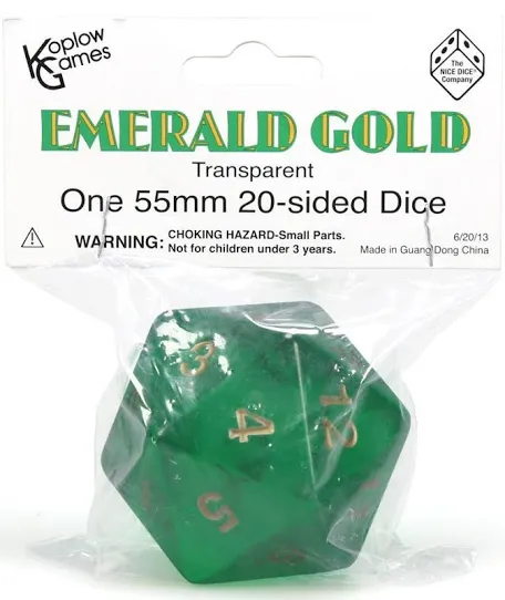 Koplow Games: Countdown Transparent D20 55mm 20-sided Dice (Emerald Gold)