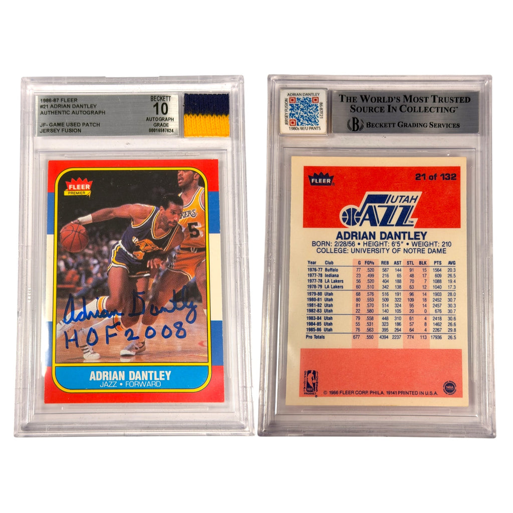 1986-87 Fleer #21 ADRIAN DANTLEY BAS 10 AUTHENTIC AUTO BECKETT JF Game Used Patch Jersey Fusion (KA)