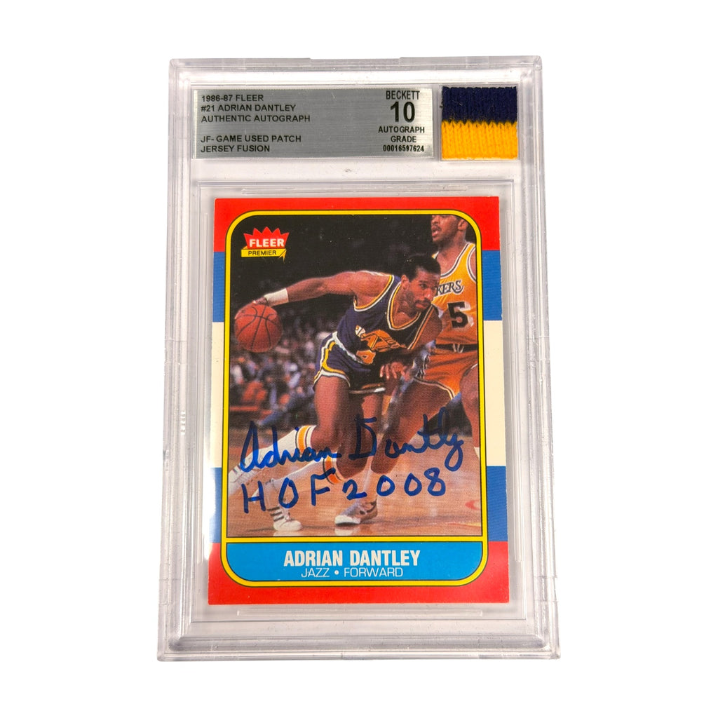 1986-87 Fleer #21 ADRIAN DANTLEY BAS 10 AUTHENTIC AUTO BECKETT JF Game Used Patch Jersey Fusion (KA)