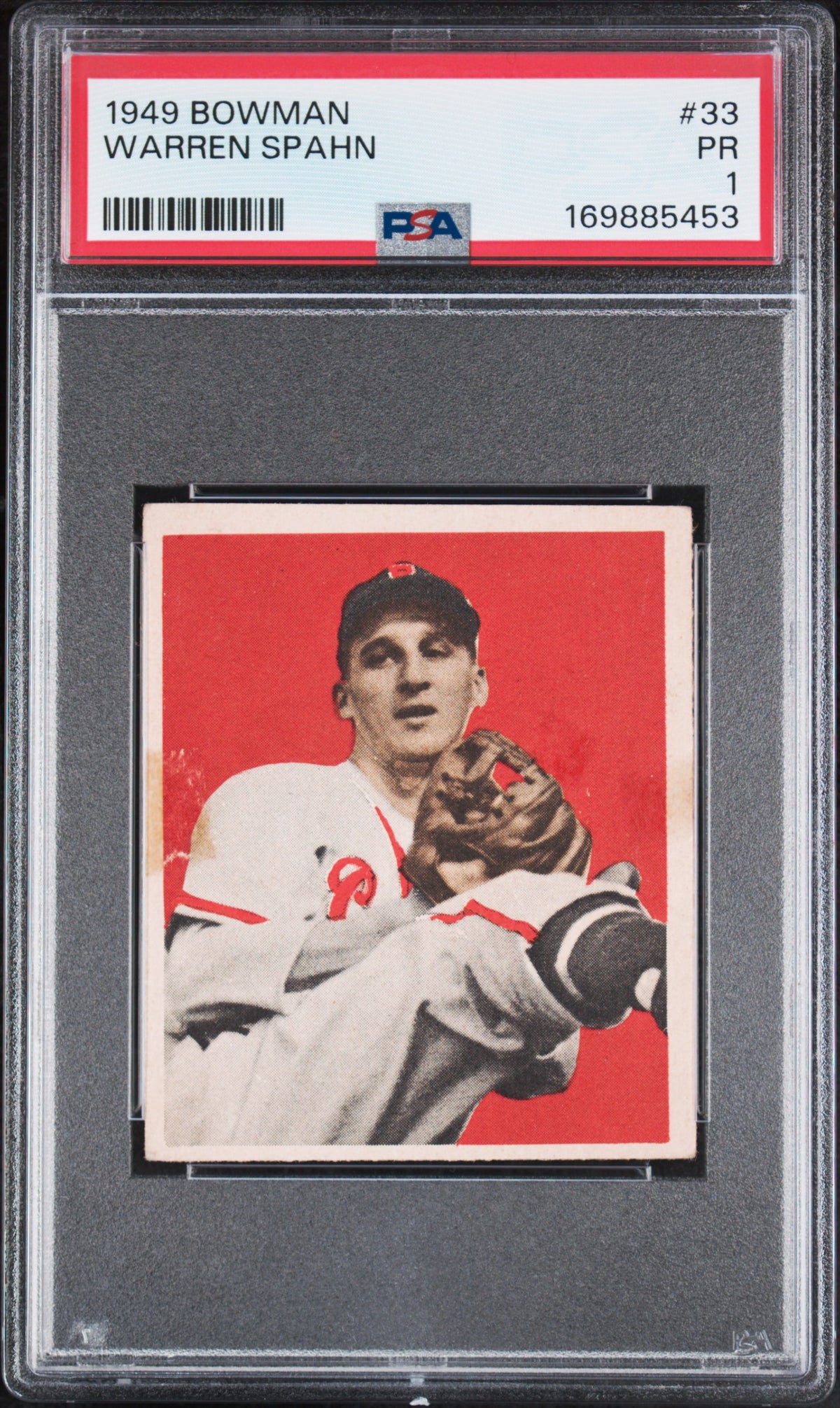 1949 Bowman Warren Spahn #33 PSA 1 POOR – Boston Braves (GC) PSA cert 169885453 front scan